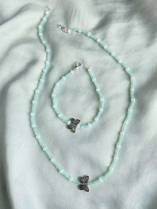 Teal butterfly SET (necklace and bracelet together)